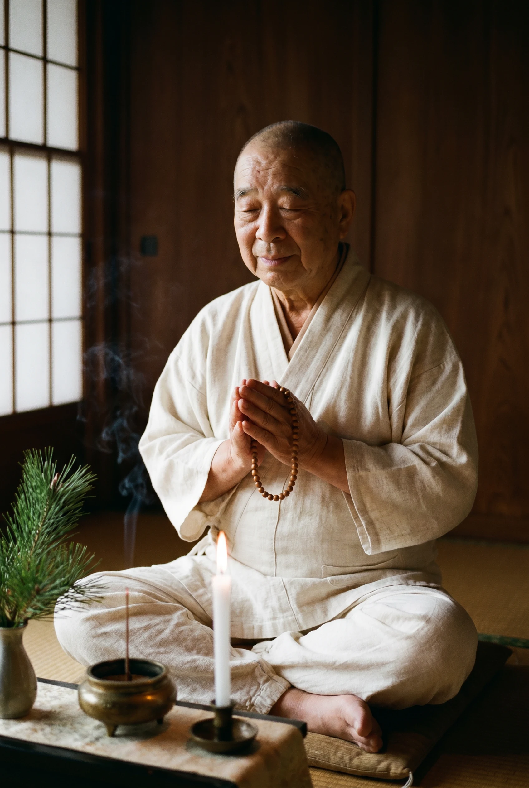 Monge da Paz em meditação, com mala e incenso